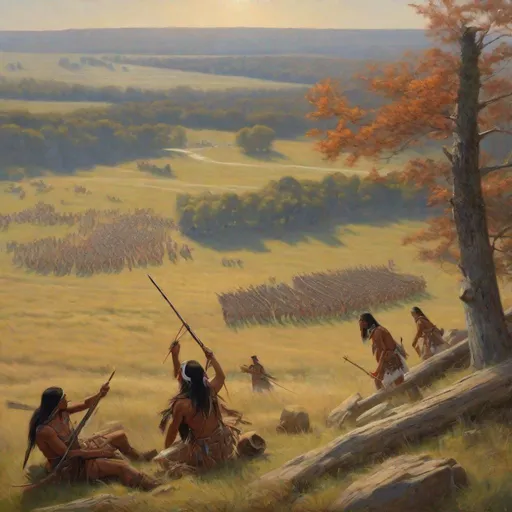 Prompt: Painting of two ancient feathered native Americans watching the brutal Gettysburg civil war column battle in Pennsylvania from a hill, soldiers firing at each other in the valley below, two feathered Native American warriors watching from a hill 
