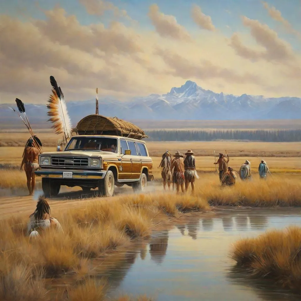 Prompt: Painting of feathered native Americans tribe looking at a 70 series land cruiser in the distance crossing a creek in montana
 
