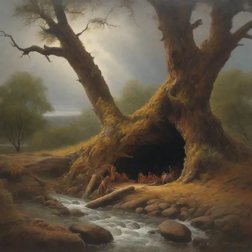 Prompt: a landscape painting of a hollow tree, sheltering feathered Native Americans taking refuge from a rainstorm within its ancient branch