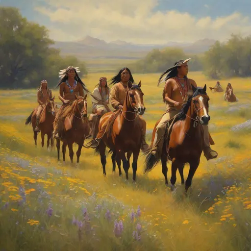 Prompt: ancient feathered native Americans riding horses through a open wildflower medow 