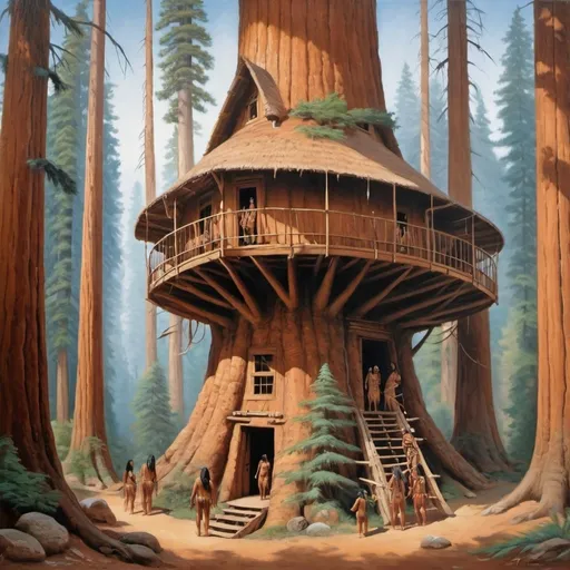 Prompt: A painting of ancient mono Native American tribe living in huge Sequoiadendron giganteum tree houses 