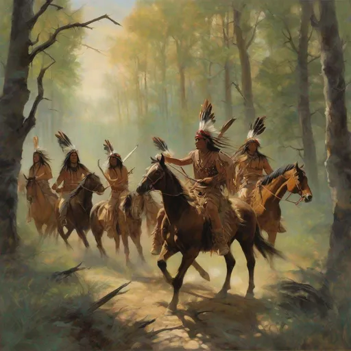 Prompt: Genre painting of ancient feathered native American warriors riding horses through a open north Texas forest 