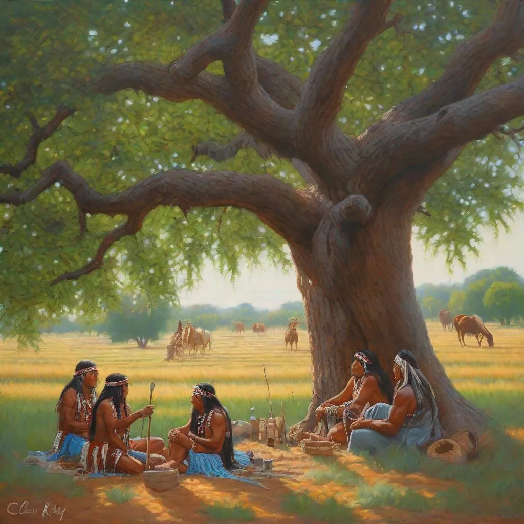 Prompt:  painting of feathered Native Americans beneath a fruiting pecan tree,  lush north Texas landscapes, by Clark Kelley 
