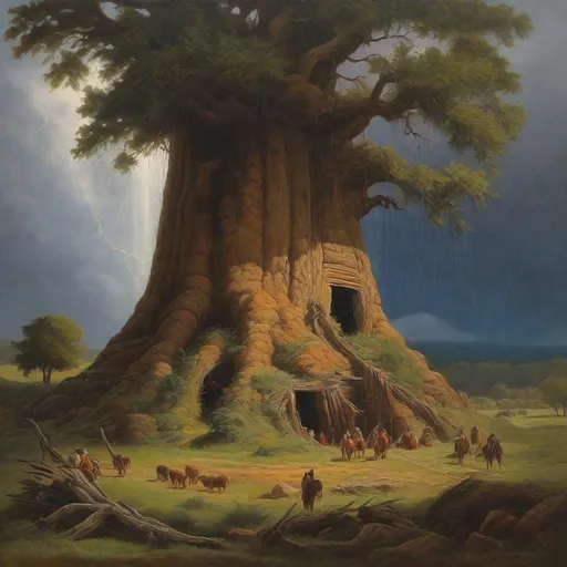 Prompt: a landscape painting of a colossal hollow tree, sheltering feathered Native Americans taking refuge from a rainstorm within its ancient branch