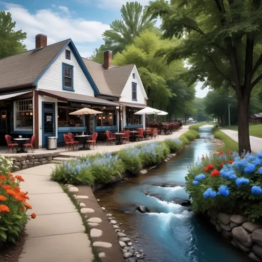 Prompt: Create a rustic country scene image of a coffee café in white with a sidewalk between a creek and the cafe. The creek is to have moody blue water with bright flowers lining the edges and trees in the background.
