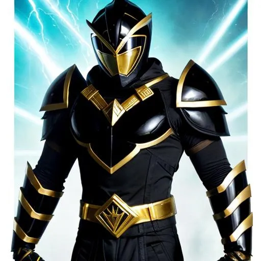 Prompt: Create a visually appealing design for the Male Black Ranger, incorporating Greek and Hades-themed elements to align with his Cerberus Zord. Consider details such as the helmet, suit, chestplate, belt, boots, gloves, and morpher. The helmet should incorporate Greek-like accents, and the suit may utilize a vibrant color palette inspired by ancient Greece, incorporating blacks, golds, and blues

Explore the inclusion of blue flames or wavy patterns on the black parts of the suit. The chestplate could feature a stylized Greek emblem, symbolizing the Black Ranger's connection to Hades. The belt might incorporate design elements inspired by Hade's fire or other Greek-related motifs.

Ensure the boots and gloves provide both style and protection, possibly with metallic plating featuring Greek-like textures. The morpher should resemble a flame with an engraved Cerberus emblem, serving as a key to access the morphing grid and summon the Black Ranger powers.

This design aims to capture the essence of Ancient Greece, emphasizing the Male Black Ranger's connection to the Cerberus Zord and the natural world. Adjustments can be made based on specific preferences or additional details.