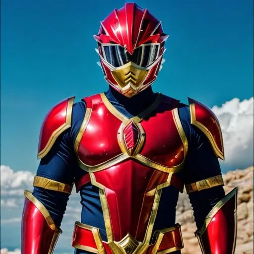 Prompt: Create a visually appealing design for the Male Red Ranger, incorporating Greek and Zeus-themed elements to align with his Dragon Zord. Consider details such as the helmet, suit, chestplate, belt, boots, gloves, and morpher. The helmet should incorporate Greek-like accents, and the suit may utilize a vibrant color palette inspired by ancient Greece, incorporating reds, greens, and whites.

Explore the inclusion of laurels or patterns on the red parts of the suit. The chestplate could feature a stylized Greek emblem, symbolizing the Red Ranger's connection to Zeus. The belt might incorporate design elements inspired by Zeus' thunderbolts or other Greek-related motifs.

Ensure the boots and gloves provide both style and protection, possibly with metallic plating featuring Greek-like textures. The morpher should resemble a lightning strike with an engraved dragon emblem, serving as a key to access the morphing grid and summon the Red Ranger powers.

This design aims to capture the essence of ancient Greece, emphasizing the Male Red Ranger's connection to the Dragon Zord and the natural world. Adjustments can be made based on specific preferences or additional details.