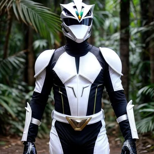 Prompt: **Design prompt for the White Ranger in "Power Rangers: Jungle Fury" (Lemur Theme - Male):** Create a visually appealing design for the Male White Ranger, incorporating jungle and lemur-themed elements to align with his Lemur Zord. Consider details such as the helmet, suit, chestplate, belt, boots, gloves, and morpher. The helmet should incorporate lemur-like accents, and the suit may utilize a vibrant color palette inspired by the jungle environment, incorporating whites, greens, and golds.

Explore the inclusion of subtle lemur patterns on the white parts of the suit. The chestplate could feature a stylized lemur emblem, symbolizing the White Ranger's connection to the Lemur Zord. The gloves might incorporate design elements inspired by a lemur's palms or other lemur-related motifs.

Ensure the boots and gloves provide both style and protection, possibly with metallic plating featuring lemur-like textures. The morpher should resemble a jungle artifact with an engraved pangolin emblem, serving as a key to access the morphin grid and summon the Orange Ranger powers.

This design aims to capture the essence of the jungle, emphasizing the Male White Ranger's connection to the Lemur Zord and the natural world. Adjustments can be made based on specific preferences or additional details.