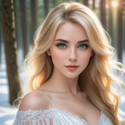 Prompt: a picture of a woman with long blonde hair and large green eyes wearing a white dress and facing camera, Artgerm, fantasy art, realistic shaded perfect face, a detailed painting, sunny snowy forest backround, 18 years old
