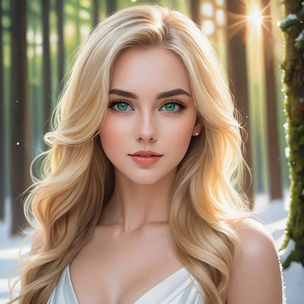 Prompt: a picture of a woman with long blonde hair and large green eyes wearing a white dress and facing camera, Artgerm, fantasy art, realistic shaded perfect face, a detailed painting, sunny snowy forest backround, 18 years old