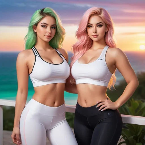 Prompt: a full body picture of 2 curvy women, 18 years old with long blonde hair and the other with soft pink hair, posing together large green eyes both wearing white sports bras and black leggings looking at the camera, Artgerm, fantasy art, realistic shaded perfect face, a detailed painting, bright sunset resort backround