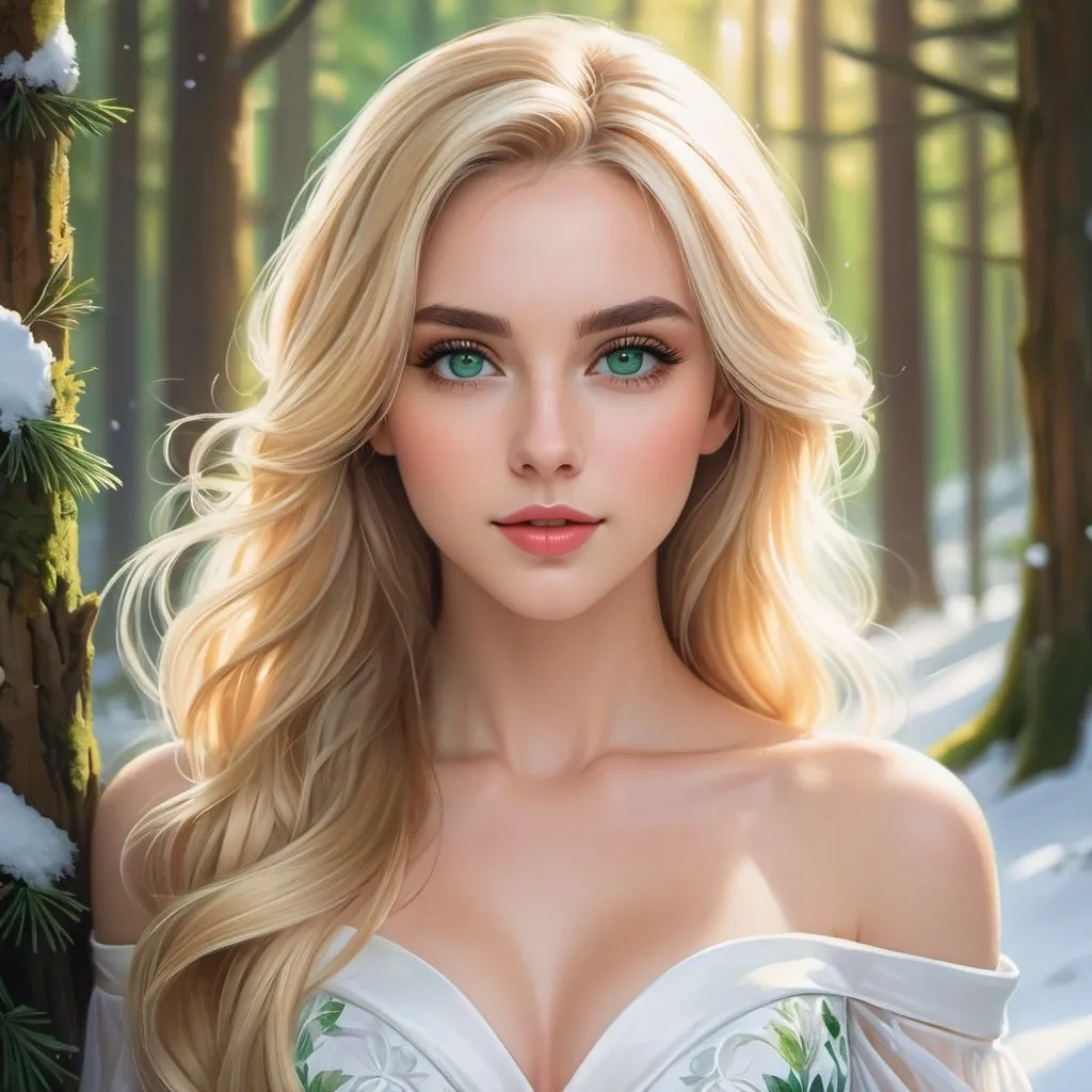 Prompt: a picture of a woman with long blonde hair and large green eyes wearing a white dress and facing camera, Artgerm, fantasy art, realistic shaded perfect face, a detailed painting, sunny snowy forest backround, 18 years old