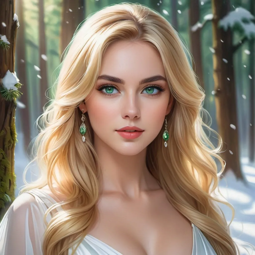 Prompt: a picture of a woman with long blonde hair and large green eyes wearing a white dress and facing camera, Artgerm, fantasy art, realistic shaded perfect face, a detailed painting, sunny snowy forest backround, 18 years old