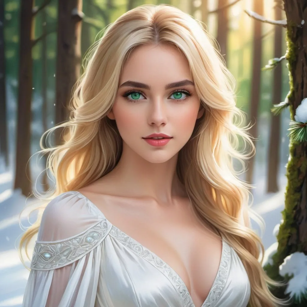 Prompt: a picture of a woman with long blonde hair and large green eyes wearing a white dress and facing camera, Artgerm, fantasy art, realistic shaded perfect face, a detailed painting, sunny snowy forest backround, 18 years old