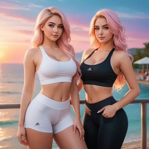 Prompt: a full body picture of 2 curvy women, 18 years old with long blonde hair and the other with soft pink hair, posing together large green eyes both wearing white sports bras and black leggings looking at the camera, Artgerm, fantasy art, realistic shaded perfect face, a detailed painting, bright sunset resort backround