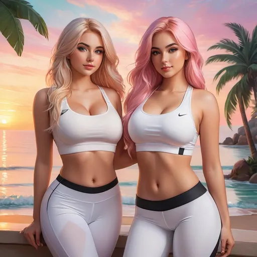 Prompt: a full body picture of 2 curvy women, 18 years old with long blonde hair and the other with soft pink hair, posing together large green eyes both wearing white sports bras and black leggings looking at the camera, Artgerm, fantasy art, realistic shaded perfect face, a detailed painting, bright sunset resort backround