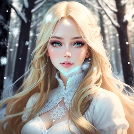 Prompt: a picture of a woman with long blonde hair and large green eyes wearing a white dress and facing camera, Artgerm, fantasy art, realistic shaded perfect face, a detailed painting, sunny snowy forest backround, 18 years old