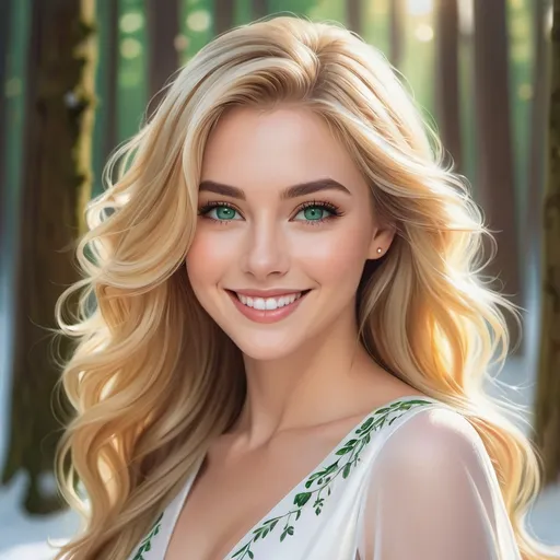 Prompt: a picture of a woman with long blonde hair and large green eyes wearing a white dress and smiling at the camera, Artgerm, fantasy art, realistic shaded perfect face, a detailed painting, sunny snowy forest backround, 18 years old