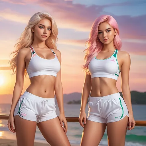 Prompt: a full body picture of 2 women, 18 years old with long blonde hair and the other with soft pink hair, posing together large green eyes wearing white sports bras and shorts at the camera, Artgerm, fantasy art, realistic shaded perfect face, a detailed painting, bright sunset resort backround