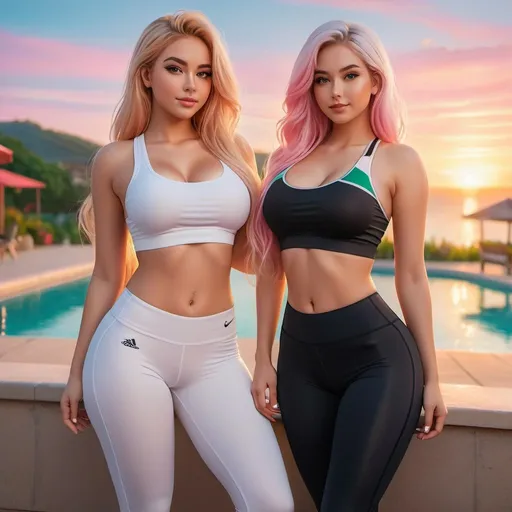 Prompt: a full body picture of 2 curvy women, 18 years old with long blonde hair and the other with soft pink hair, posing together large green eyes both wearing white sports bras and black leggings looking at the camera, Artgerm, fantasy art, realistic shaded perfect face, a detailed painting, bright sunset resort backround