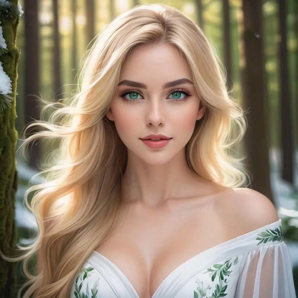 Prompt: a picture of a woman with long blonde hair and large green eyes wearing a white dress and facing camera, Artgerm, fantasy art, realistic shaded perfect face, a detailed painting, sunny snowy forest backround, 18 years old