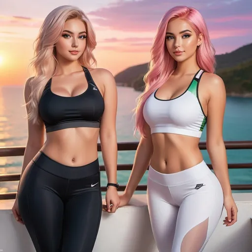 Prompt: a full body picture of 2 curvy women, 18 years old with long blonde hair and the other with soft pink hair, posing together large green eyes both wearing white sports bras and black leggings looking at the camera, Artgerm, fantasy art, realistic shaded perfect face, a detailed painting, bright sunset resort backround