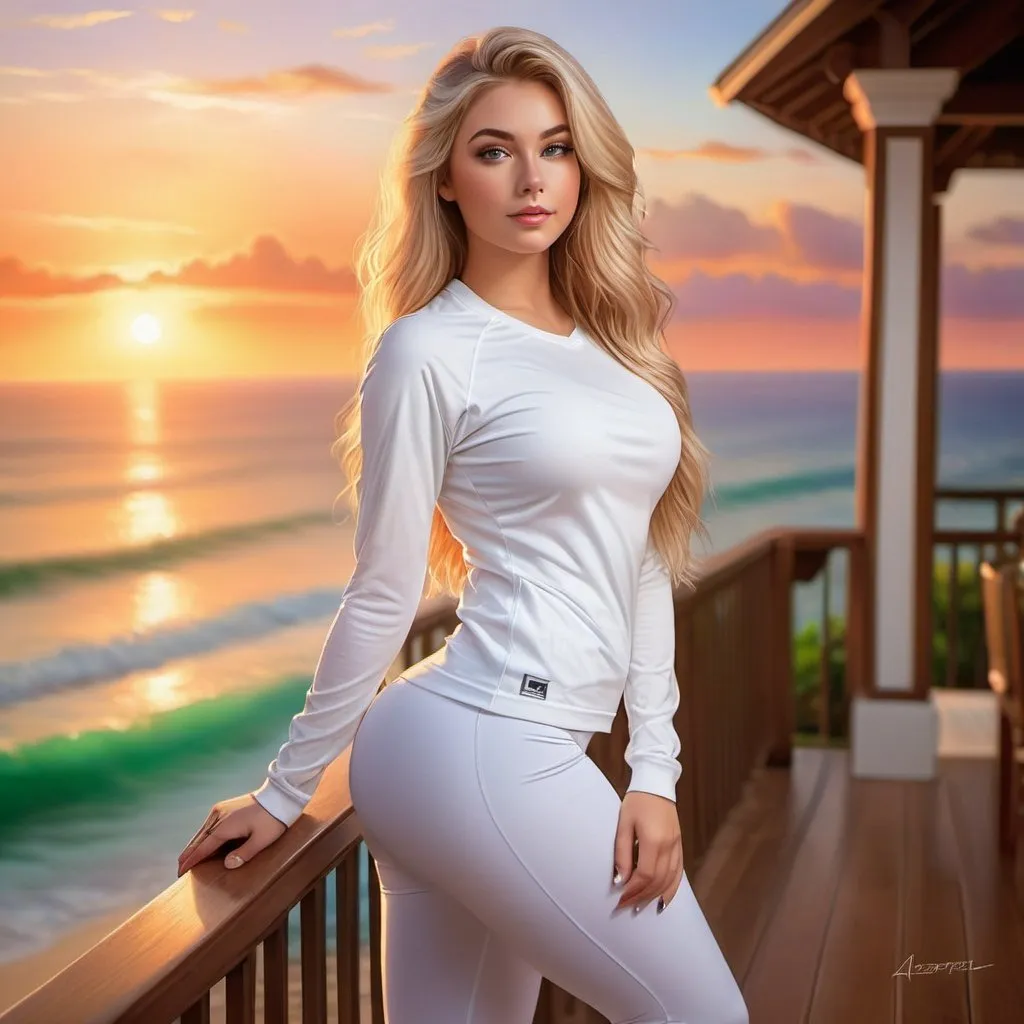 Prompt: a 7 ft distance from camera full body picture of a woman, 18 years old with long blonde hair large green eyes, curvy legs wearing white a sports top and leggings standing straight facing the camera, Artgerm, fantasy art, realistic shaded perfect face, a detailed painting, bright sunset resort backround