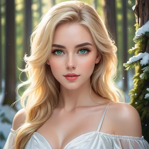 Prompt: a picture of a woman with long blonde hair and large green eyes wearing a white dress and facing camera, Artgerm, fantasy art, realistic shaded perfect face, a detailed painting, sunny snowy forest backround, 18 years old