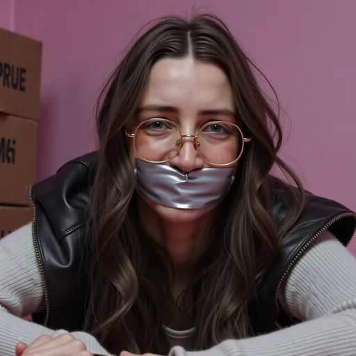 Prompt: @l2sZgBn2SADoPVwYn1Ysis terrified and sad. She is in an abandoned, dirty room with a bed in it. She is laying on the bed. She is wearing a leather Straitjacket. Silver duct tape is covering her mouth. Her face is dirty and make up is smeared.