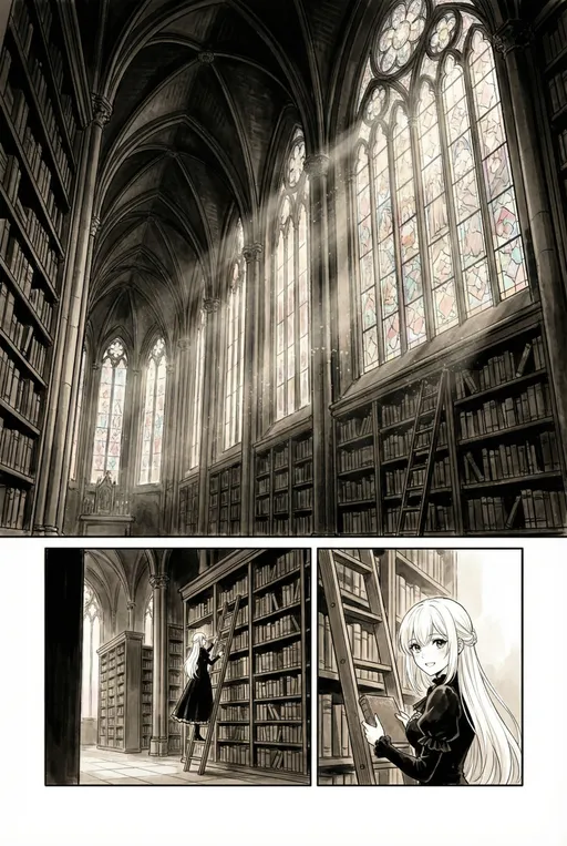 Prompt: Una tavola a fumetti con:
una grande vignetta che occupa 2/3 della tavola con gli interni di una enorme biblioteca in stile gotico. La bliblioteva è scura ma illuminata da stagli di luce che entrano dalle enorme vetrate. Il punto di vista è di qualcuno che è entrato. La biblioteca è molto alta e quindi il punto di vista resta come sommerso dall'enorme vastità della biblioteca.
L'ultima strisia ha due vignette che sono sempre il punto di vista del lettore che è entrato nella biblioteca e sta cercando una persona.
Nella prima vediamo @Ligeia, in lontananza, su una scala appoggiata su un enorme scaffale di libri. Sta scegliendo un libro.
Nella seconda @Ligeia è presa da molto più vicino, ha preso il libro con una mano ma ha girato lo sguardo verso il lettore e gli sorride.
I colori sono tenui, alternando bianco e nero, seppia e tenui colori pastello quando servono, come da immagine allegata.