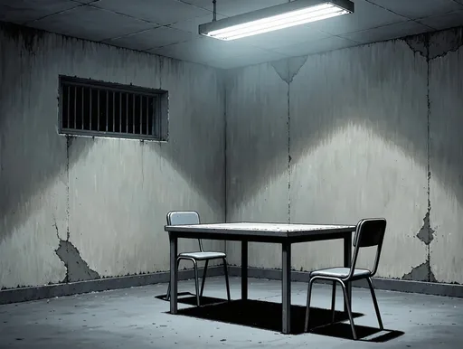 Prompt: Empty Soviet police interrogation room, mid-1980s.Bare concrete walls, slightly stained and worn.A single metal table at the center, two simple chairs.Cold fluorescent ceiling light, harsh and uneven.Small barred window high on the wall, almost useless.Institutional, oppressive atmosphere, no decoration.The room feels functional, neglected, and dehumanizing.Realistic graphic novel style, cinematic lighting, cold and desaturated color palette, high contrast shadows.