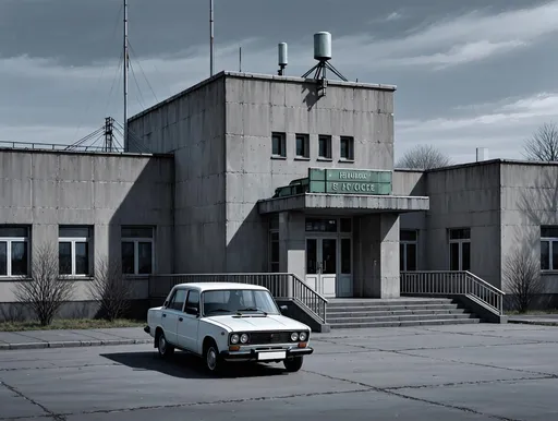 Prompt: Exterior of a Soviet police station, mid-1980s.Grey concrete building, utilitarian and anonymous.A modest parked car in front of the entrance.Overcast sky, cold daylight.The atmosphere is ordinary and bureaucratic.Realistic graphic novel style, cinematic lighting, cold and desaturated color palette, high contrast shadows.