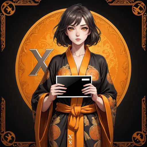 Prompt: Anime illustration, a beautiful young woman with big chest with a beautiful black card in her hands with a beautiful orange or yellow letter X written on it, detailed ornate cloth robe, dramatic lighting, a big beautiful word "Token" on bottom, minimalist, well detailed, attractive 
Token, Token 
