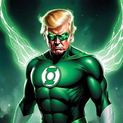 Prompt: Donald Trump as a Green Lantern superhero, glowing green hair, full body, flying