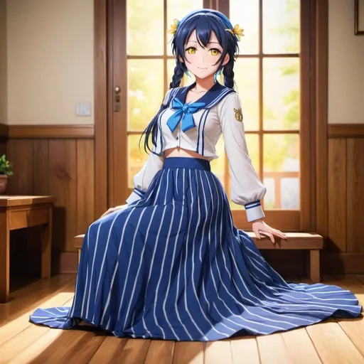 Prompt: Love Live anime Umi Sonoda with large yellow eyes is wearing a maxi long floor-length vertical blue striped skirt that is extremely long. She is standing on a wooden floor.