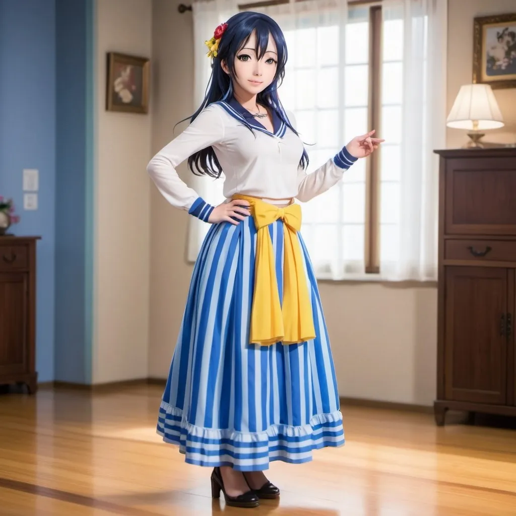 Prompt: Love Live anime Umi Sonoda with large yellow eyes is wearing a maxi long floor-length vertical blue striped skirt that is extremely long. She is standing on a wooden floor.