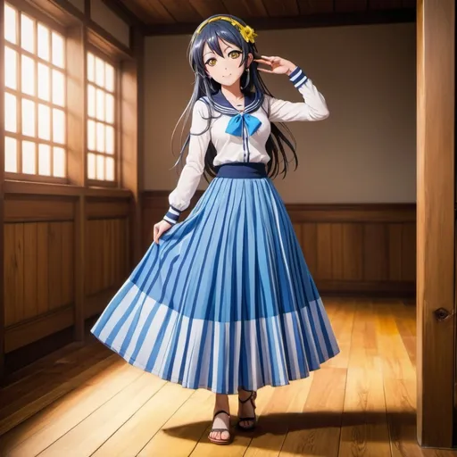 Prompt: Love Live anime Umi Sonoda with large yellow eyes is wearing a maxi long floor-length vertical blue striped skirt that is extremely long. She is standing on a wooden floor.