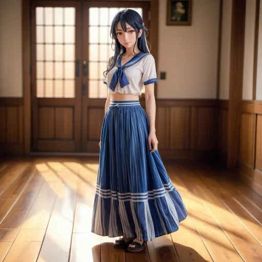 Prompt: Love Live anime Umi Sonoda with large yellow eyes is wearing a maxi long floor-length vertical blue striped skirt that is extremely long. She is standing on a wooden floor.