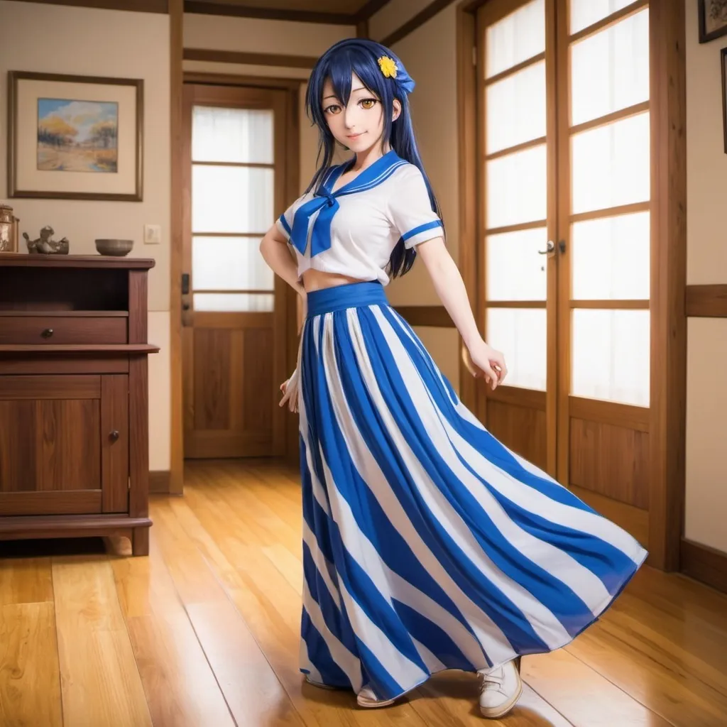 Prompt: Love Live anime Umi Sonoda with large yellow eyes is wearing a maxi long floor-length vertical blue striped skirt that is extremely long. She is standing on a wooden floor.