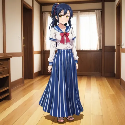 Prompt: Love Live anime Umi Sonoda with large yellow eyes is wearing a maxi long floor-length vertical blue striped skirt that is extremely long. She is standing on a wooden floor.