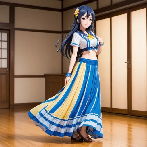 Prompt: Love Live anime Umi Sonoda with large yellow eyes is wearing a maxi long floor-length vertical blue striped skirt that is extremely long. She is standing on a wooden floor.