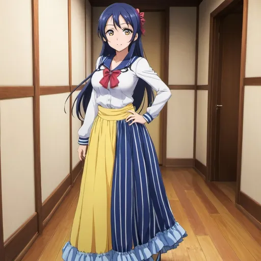 Prompt: Love Live anime Umi Sonoda with large yellow eyes is wearing a maxi long floor-length vertical blue striped skirt that is extremely long. She is standing on a wooden floor.