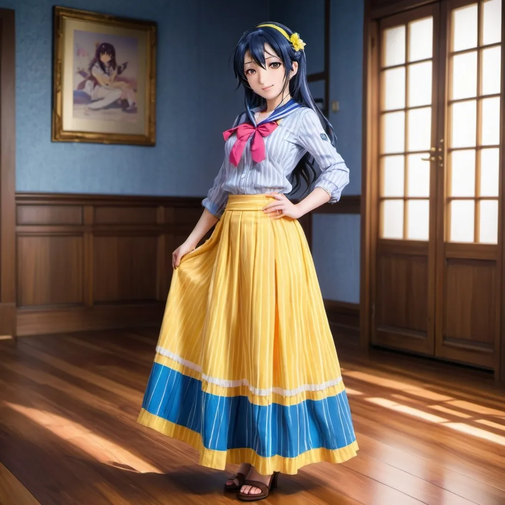 Prompt: Love Live anime Umi Sonoda with large yellow eyes is wearing a maxi long floor-length vertical blue striped skirt that is extremely long. She is standing on a wooden floor.