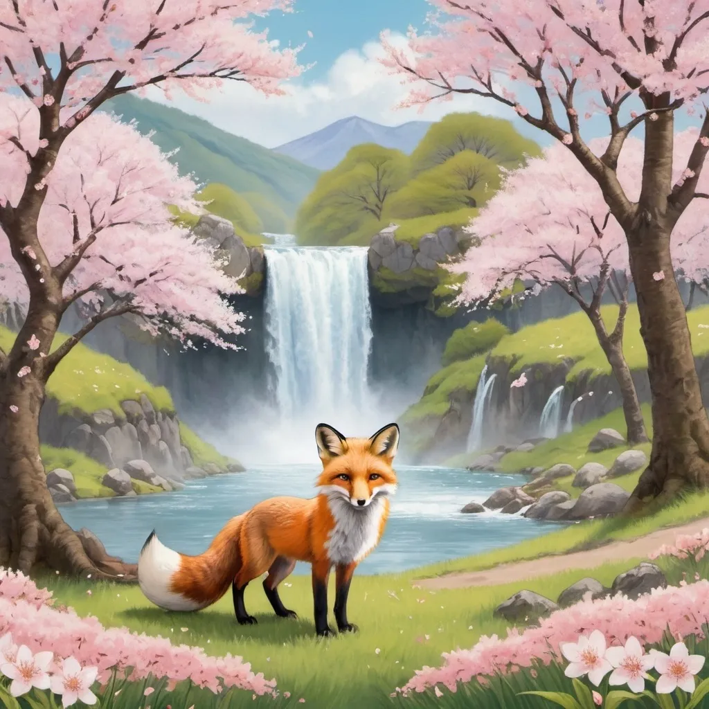 Prompt: a fox in a meadow in front of a waterfall surrounded by cherry blossom trees in bloom