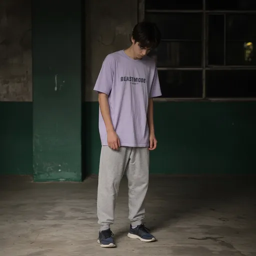 Prompt: In a dimly lit, outdoor setting, a young man stands with a slightly hunched posture, exuding a sense of contemplation or focus. He wears a light purple t-shirt emblazoned with the words "Beast Mode," paired with gray sweatpants and dark sneakers, giving him a casual and athletic appearance. The environment features rough, green-painted walls, hinting at an urban or recreational structure, with a concrete floor that reflects the subtle light, creating a contrast with the shadows. The overall mood is introspective, as if he is mentally engaged in some activity or thought, drawing viewers into the moment of stillness amidst the urban backdrop.