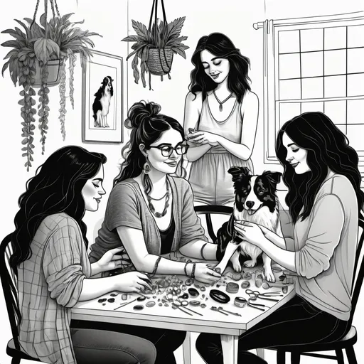 Prompt: black and white drawing of group of contemporary women, also cute mini blue merle Australian shepherd on a chair, the women are creating jewelry and macrame plant hangers, vibrant atmosphere of fun and creativity, expressive faces, sitting around a table, cozy ambiance, engaging in art-making, high-quality illustration, soft dramatic shadows