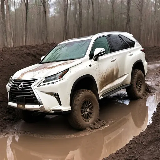 Prompt: muddy white lexus suv off road 