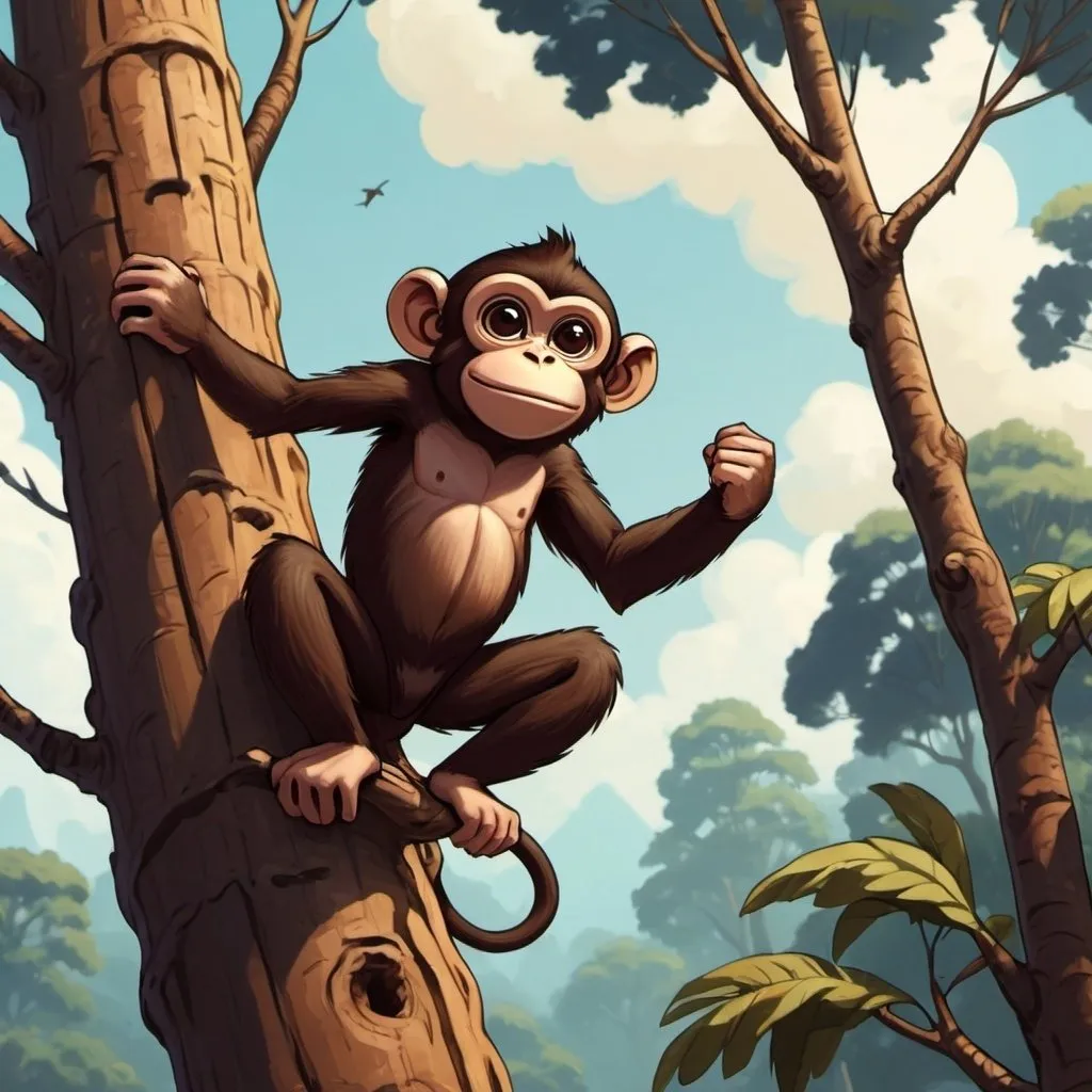 Prompt: A dark brown monkey climbing the tallest tree in the world with level 3 gyatt, art style