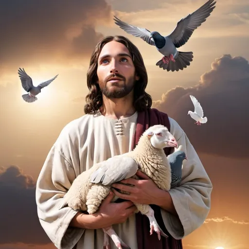 Prompt: Jesus Christ iholding a sheep, and a pigeon flying in the sky