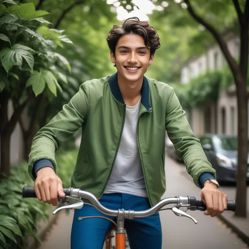 Prompt: Amidst a vibrant backdrop of lush green foliage, a young man confidently poses for a selfie while casually perched on a bicycle. His dark hair is styled neatly, complementing his sharp features and warm smile, which conveys a sense of youthful exuberance. He wears a loose green jacket over a dark t-shirt, paired with blue pants, reflecting a casual yet stylish vibe. The sunlight filtering through the leaves creates a bright and cheerful atmosphere, enhancing the overall feeling of freedom and relaxation in the scene. This moment captures a carefree spirit against the serene natural setting, inviting viewers into a world of adventure.